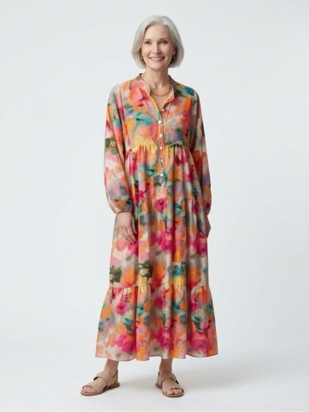 Floral Watercolor Maxi Dress in Pink & Orange